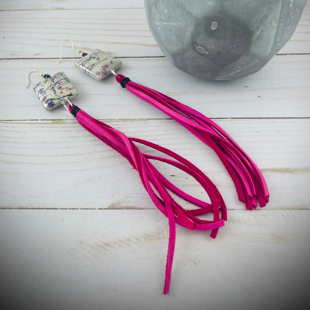 Pink leather fringe earrings